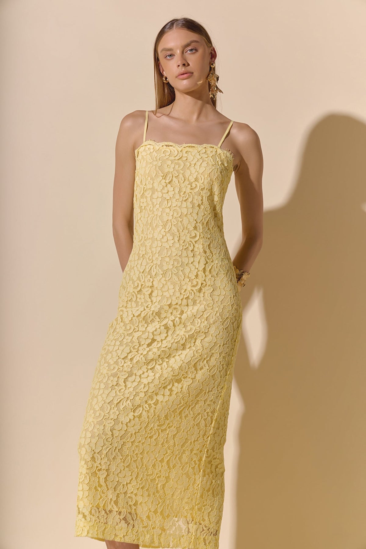Square Neck Lace Midi Dress