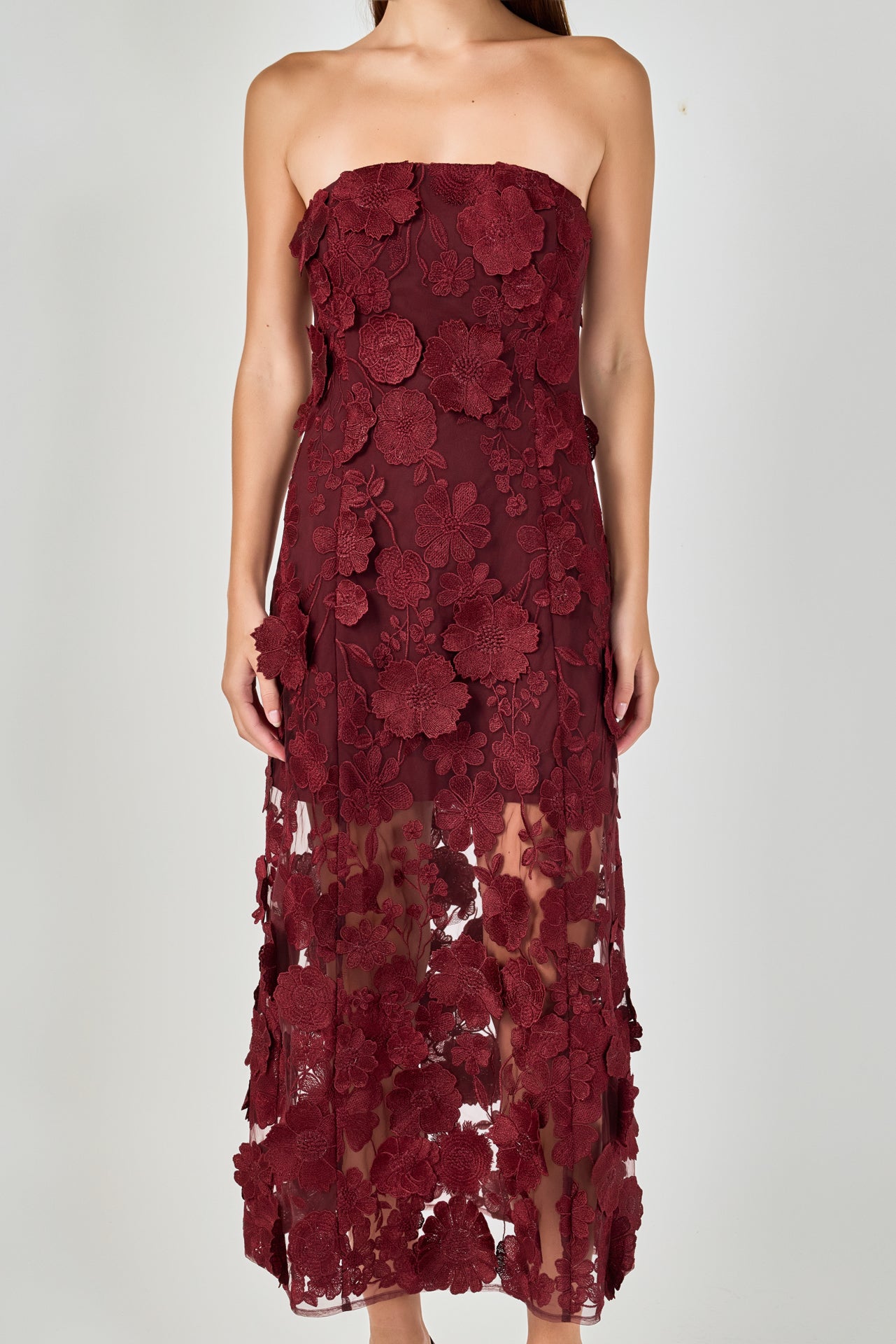 Strapless Floral Embroidered Maxi Dress