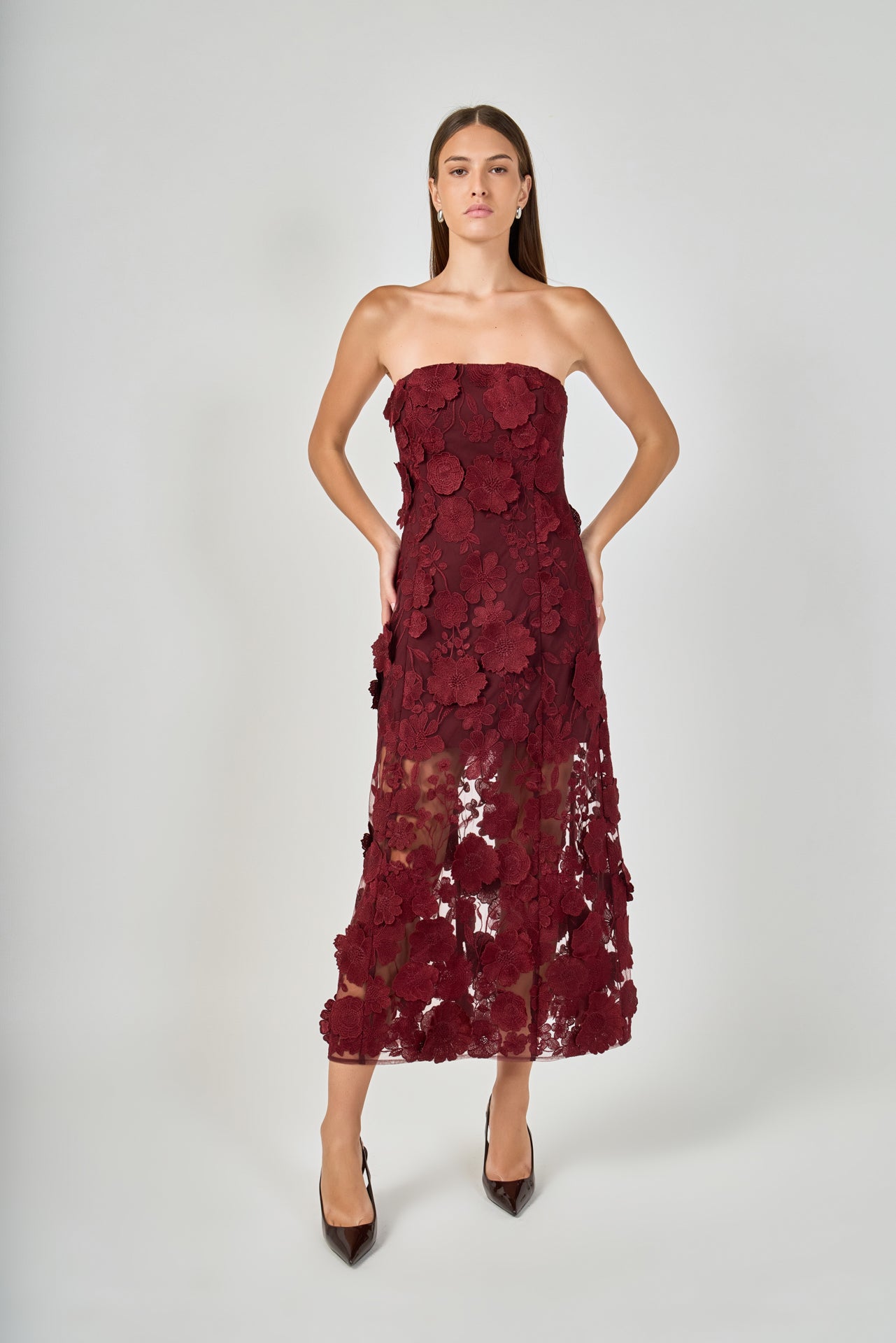 Strapless Floral Embroidered Maxi Dress