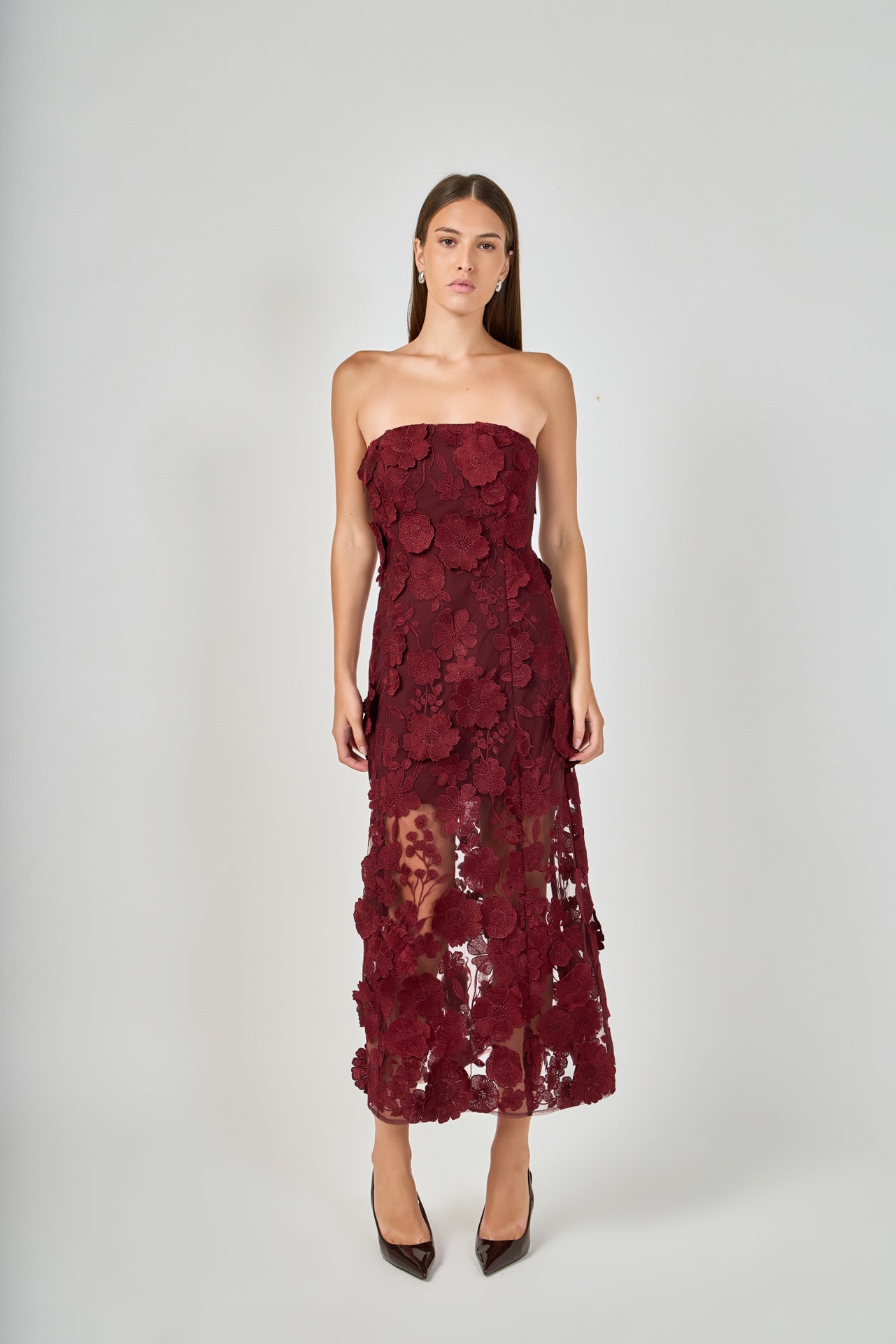 Strapless Floral Embroidered Maxi Dress