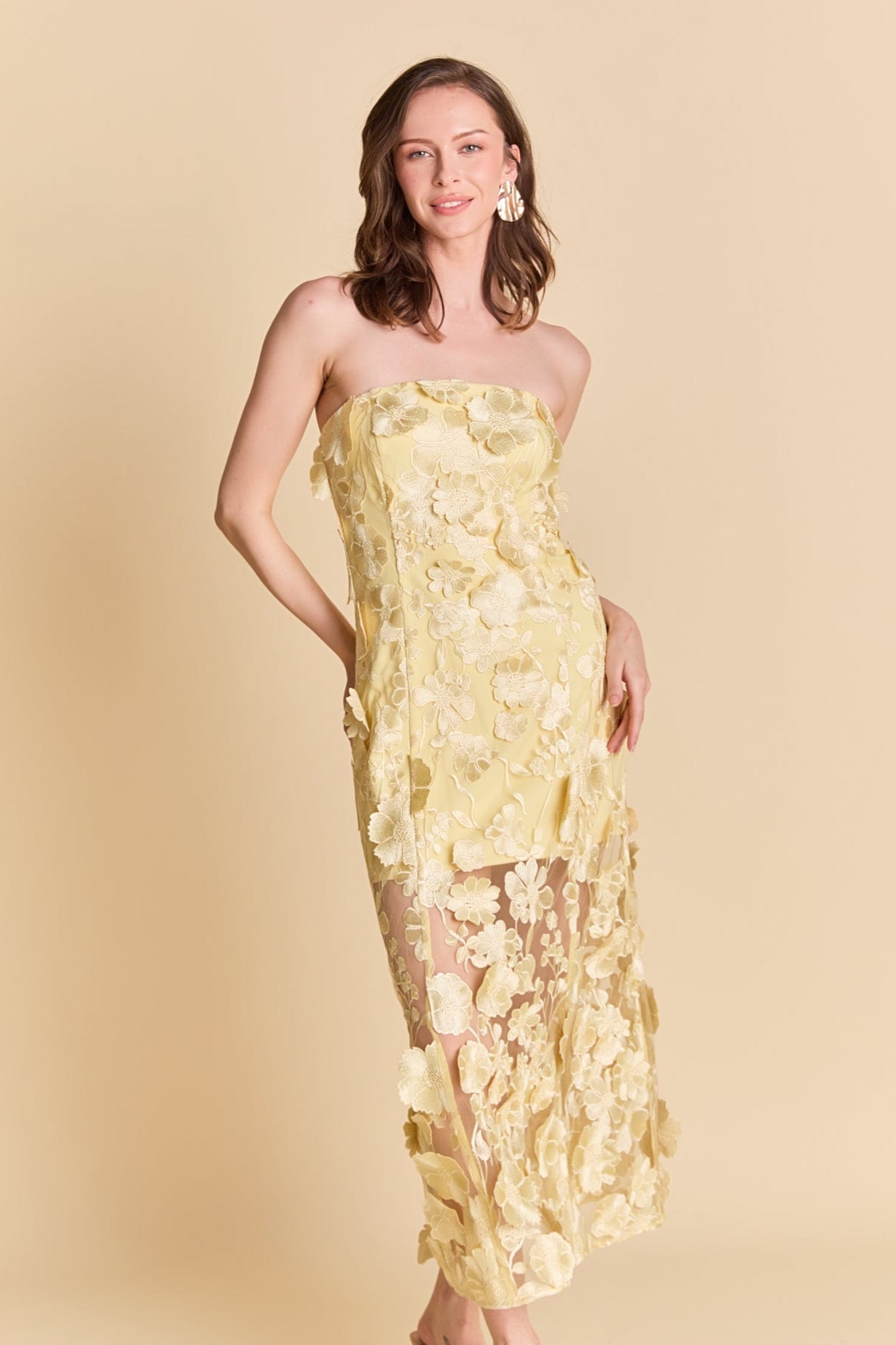 Endless Rose - Strapless Floral Embroidered Maxi Dress BUTTER / L Endless Rose - Strapless Floral Embroidered Maxi Dress BUTTER / L