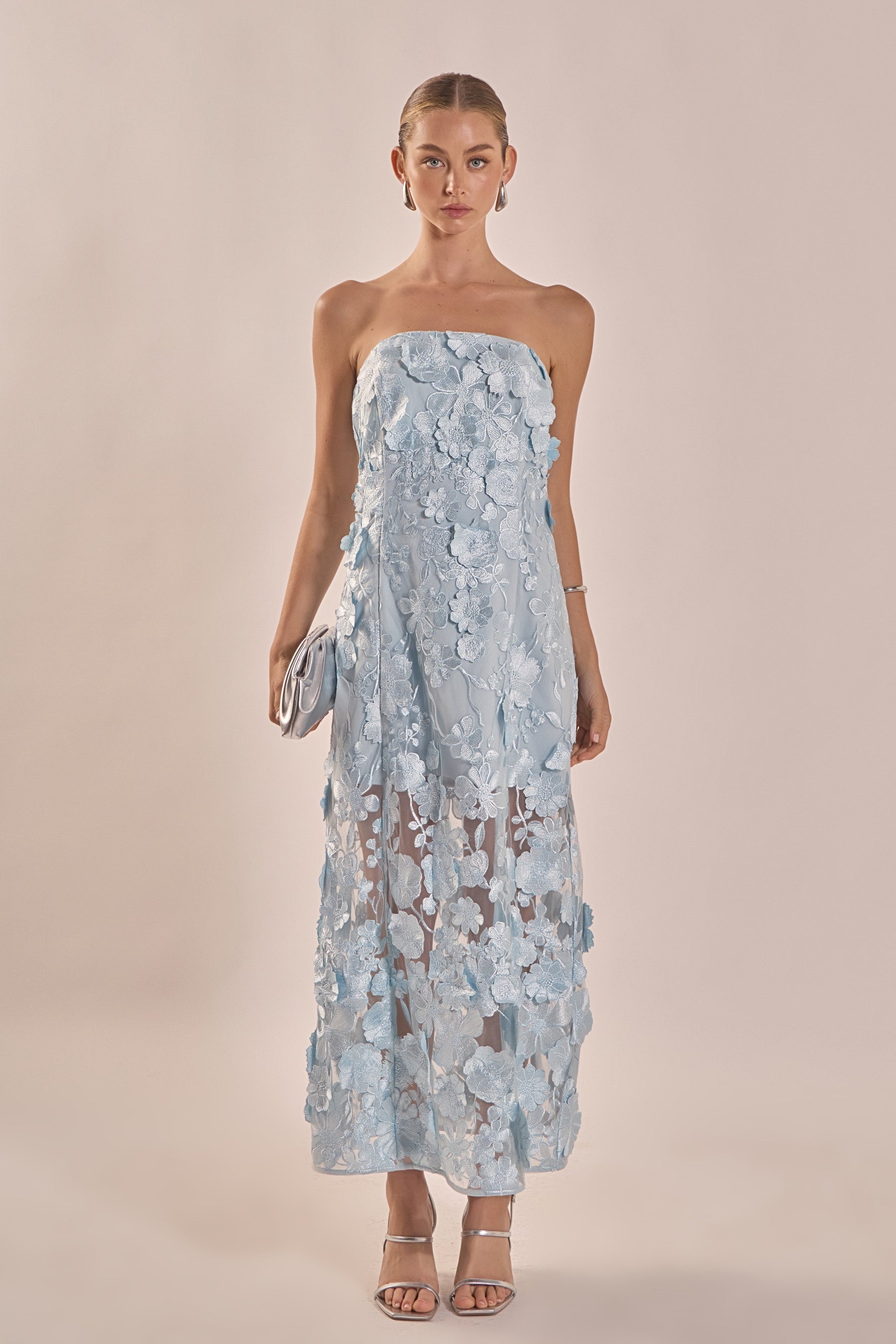 Strapless Floral Embroidered Maxi Dress