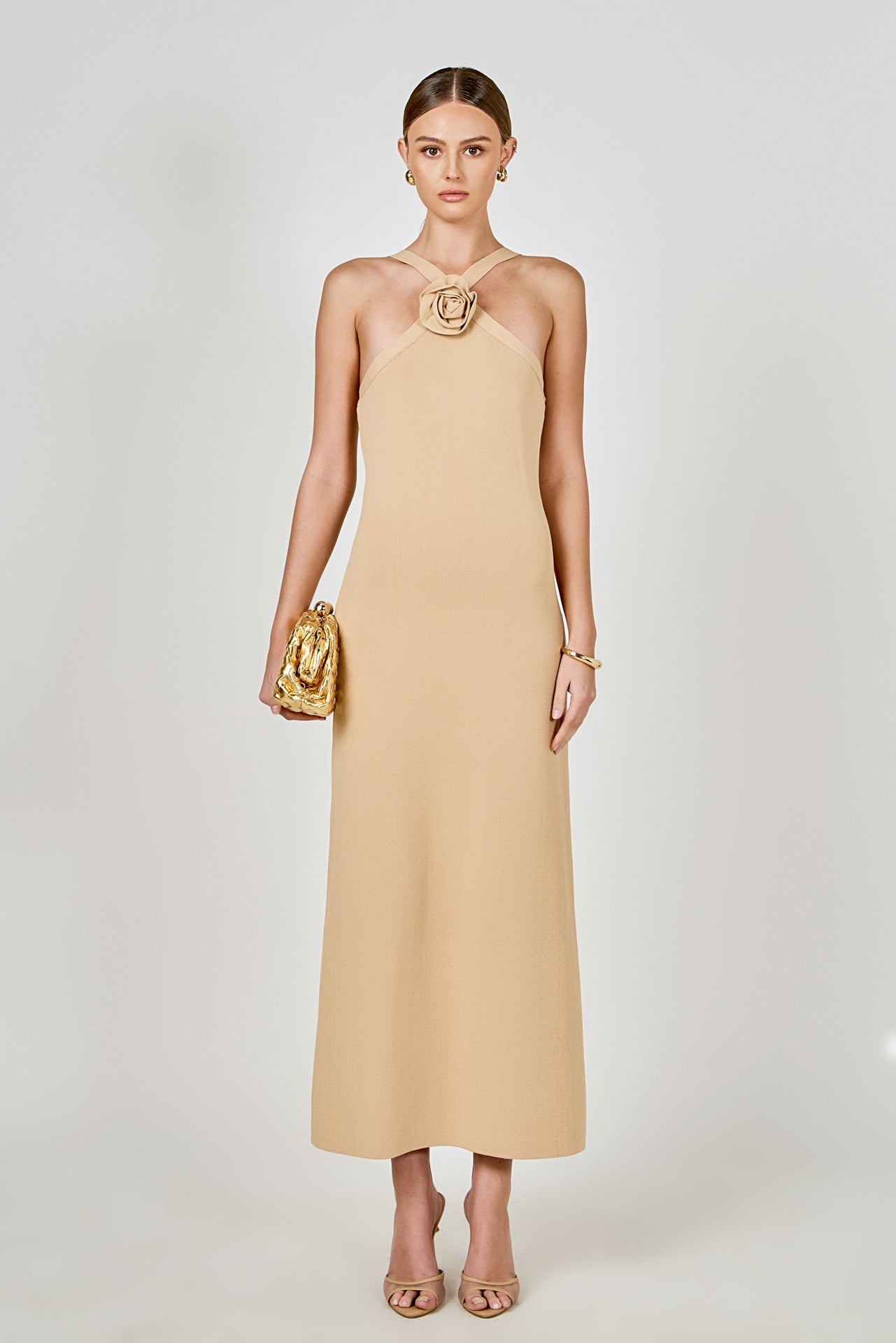 Endless Rose - Rosette Knit Midi Dress Sand / L Endless Rose - Rosette Knit Midi Dress Sand / L