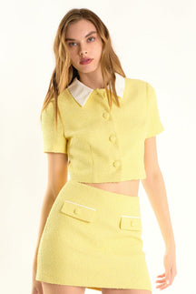 ENDLESS ROSE - Collared Combination Tweed Cropped Top - TOPS available at Objectrare