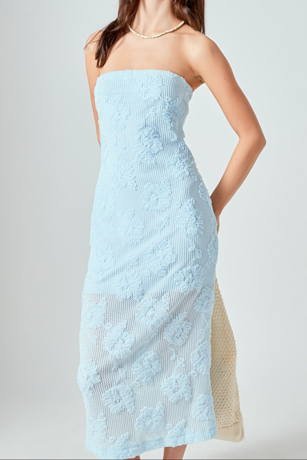 ENDLESS ROSE - Mesh Embroidered Midi Strapless Dress - DRESSES available at Objectrare