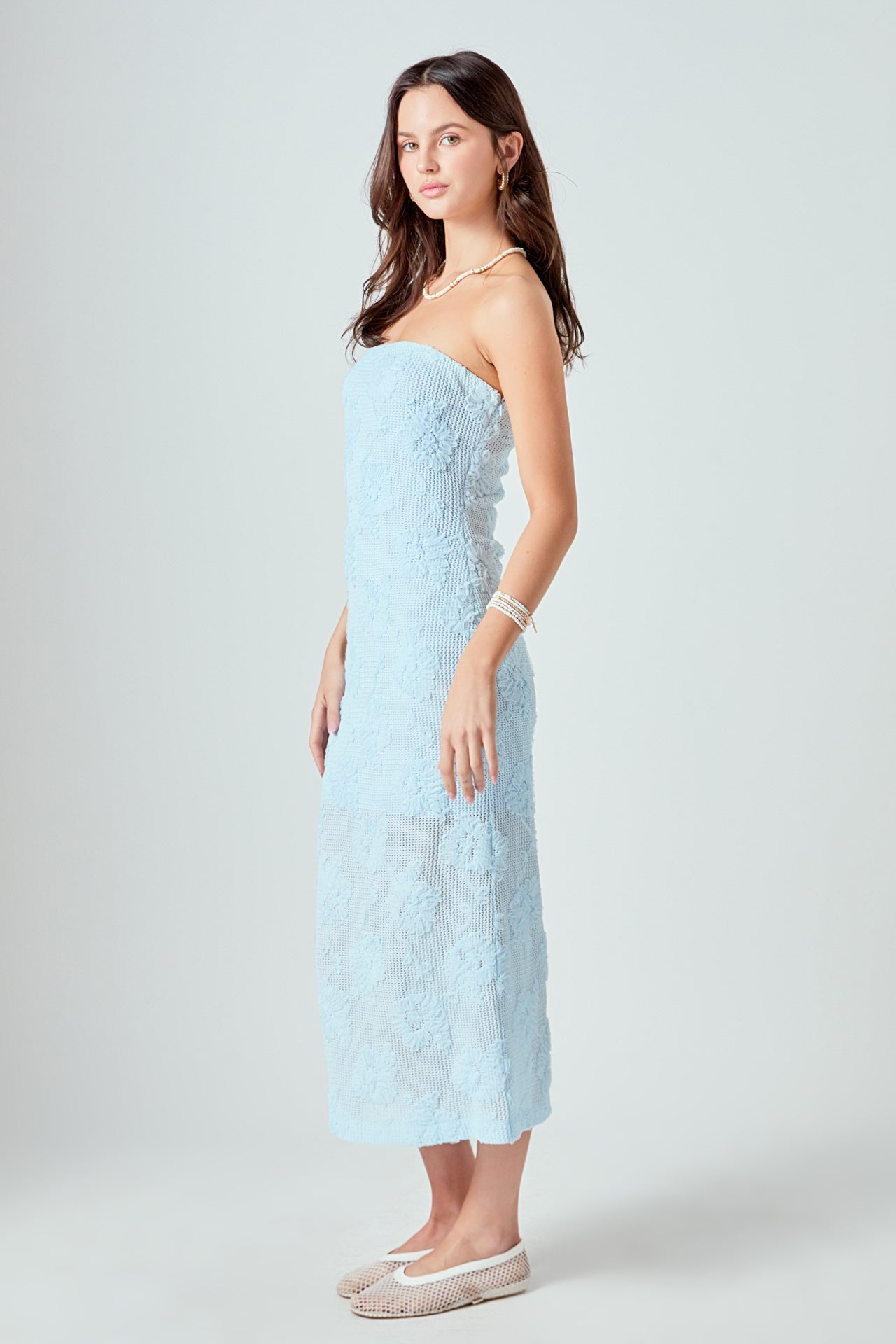 ENDLESS ROSE - Mesh Embroidered Midi Strapless Dress - DRESSES available at Objectrare