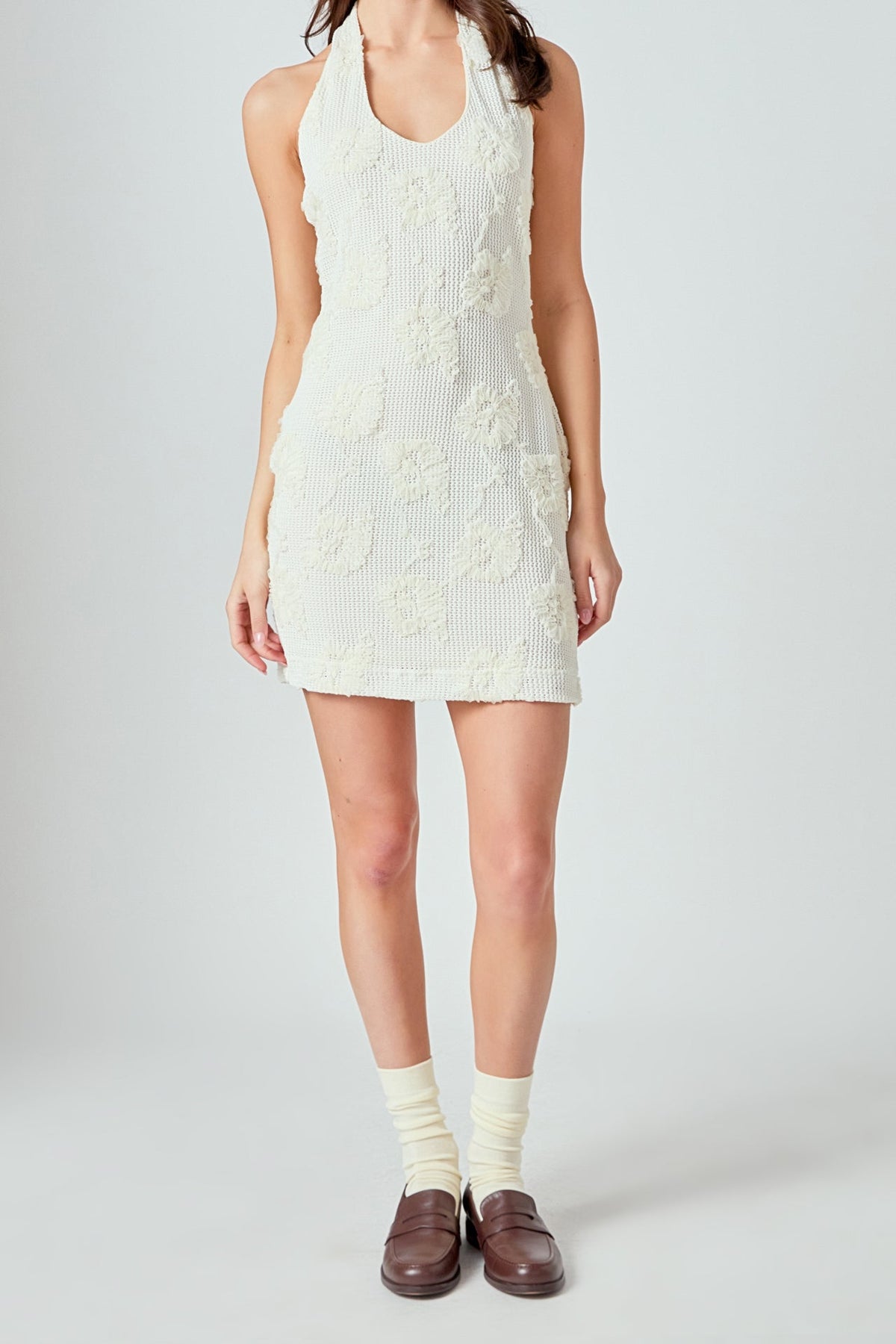 ENDLESS ROSE - Mesh Embroidered Halter Mini Dress - DRESSES available at Objectrare