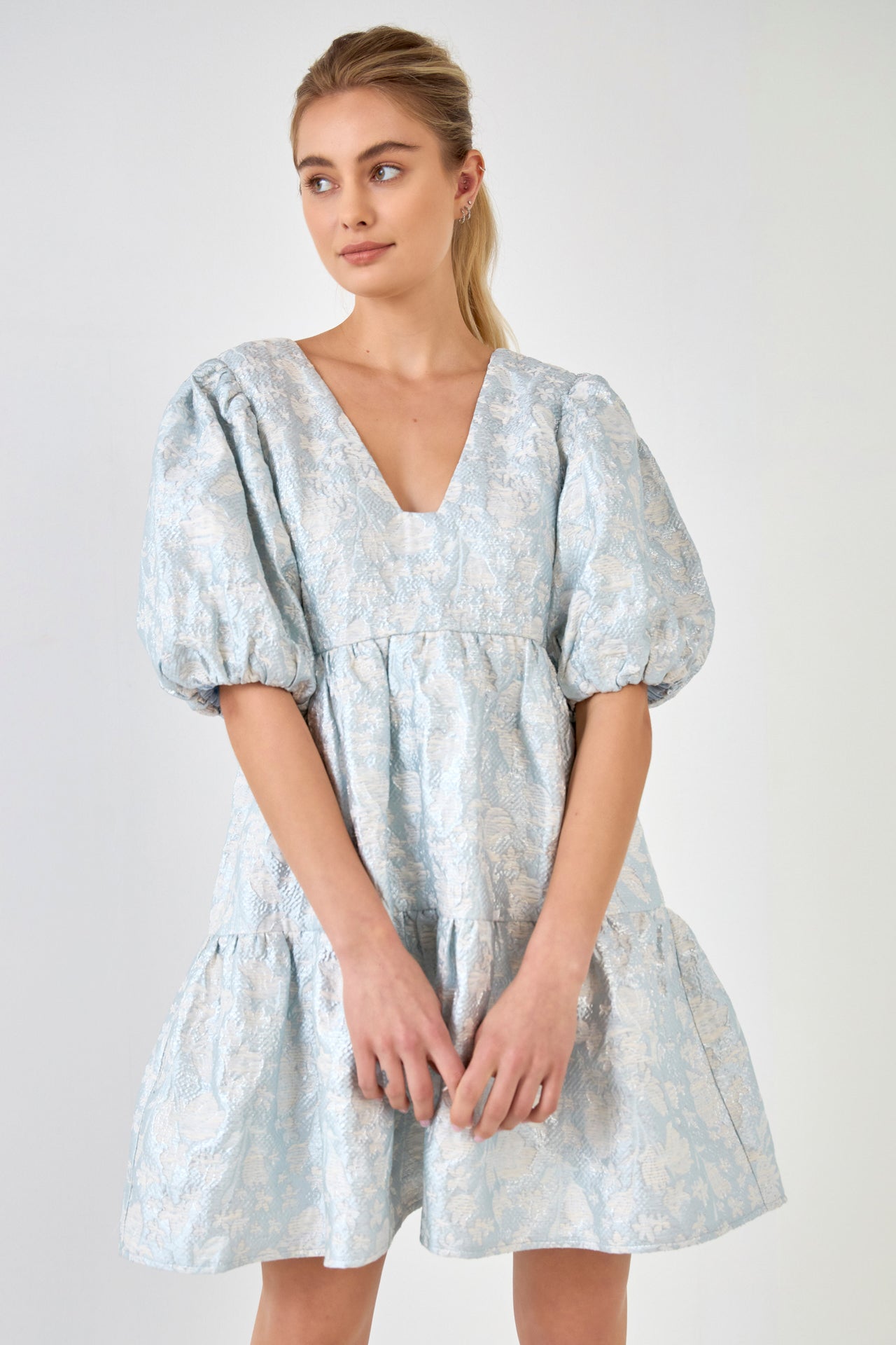ENDLESS ROSE - Jacquard Puff Sleeve High Low Dress - DRESSES available at Objectrare