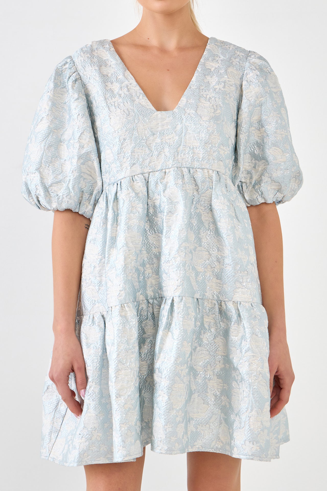 ENDLESS ROSE - Jacquard Puff Sleeve High Low Dress - DRESSES available at Objectrare