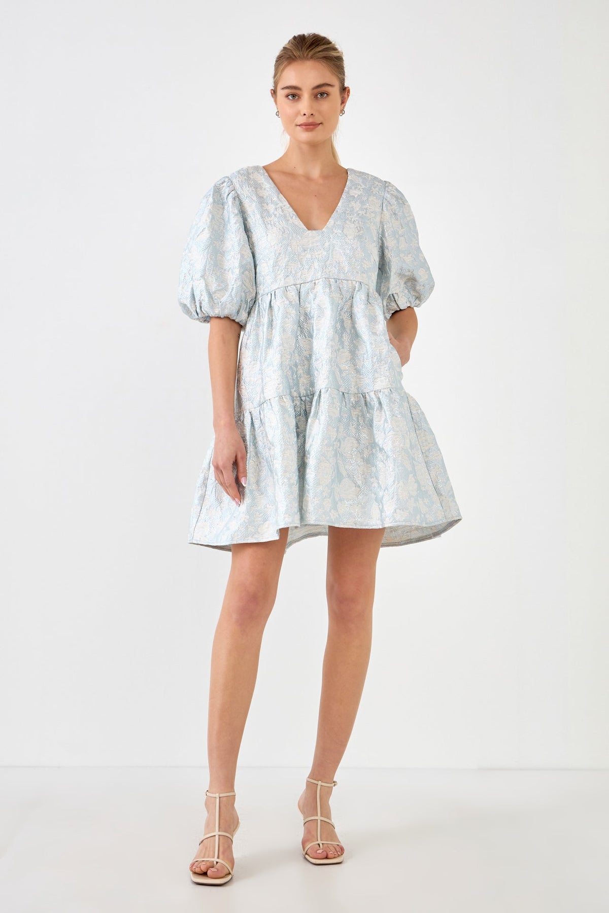 ENDLESS ROSE - Jacquard Puff Sleeve High Low Dress - DRESSES available at Objectrare