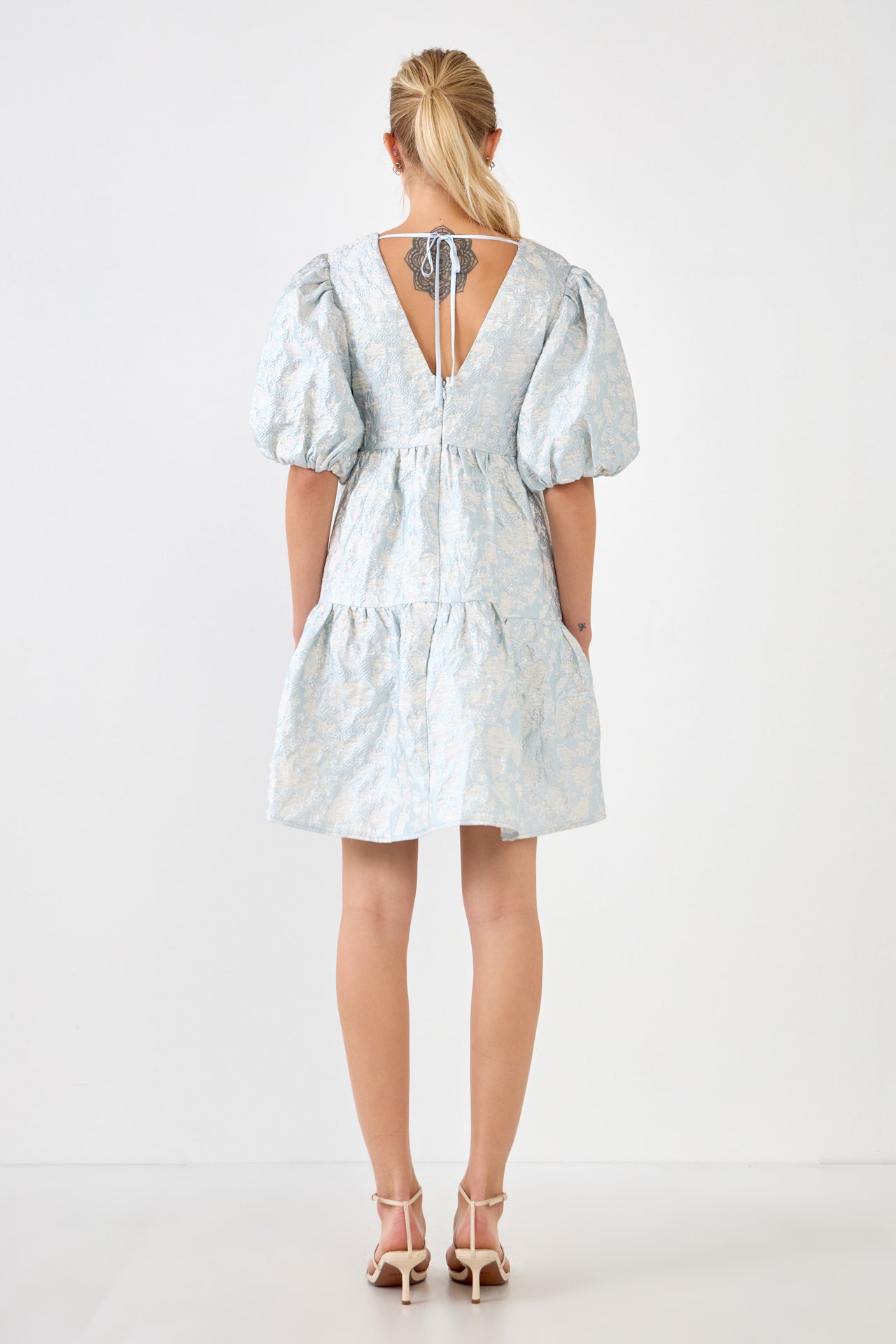 ENDLESS ROSE - Jacquard Puff Sleeve High Low Dress - DRESSES available at Objectrare