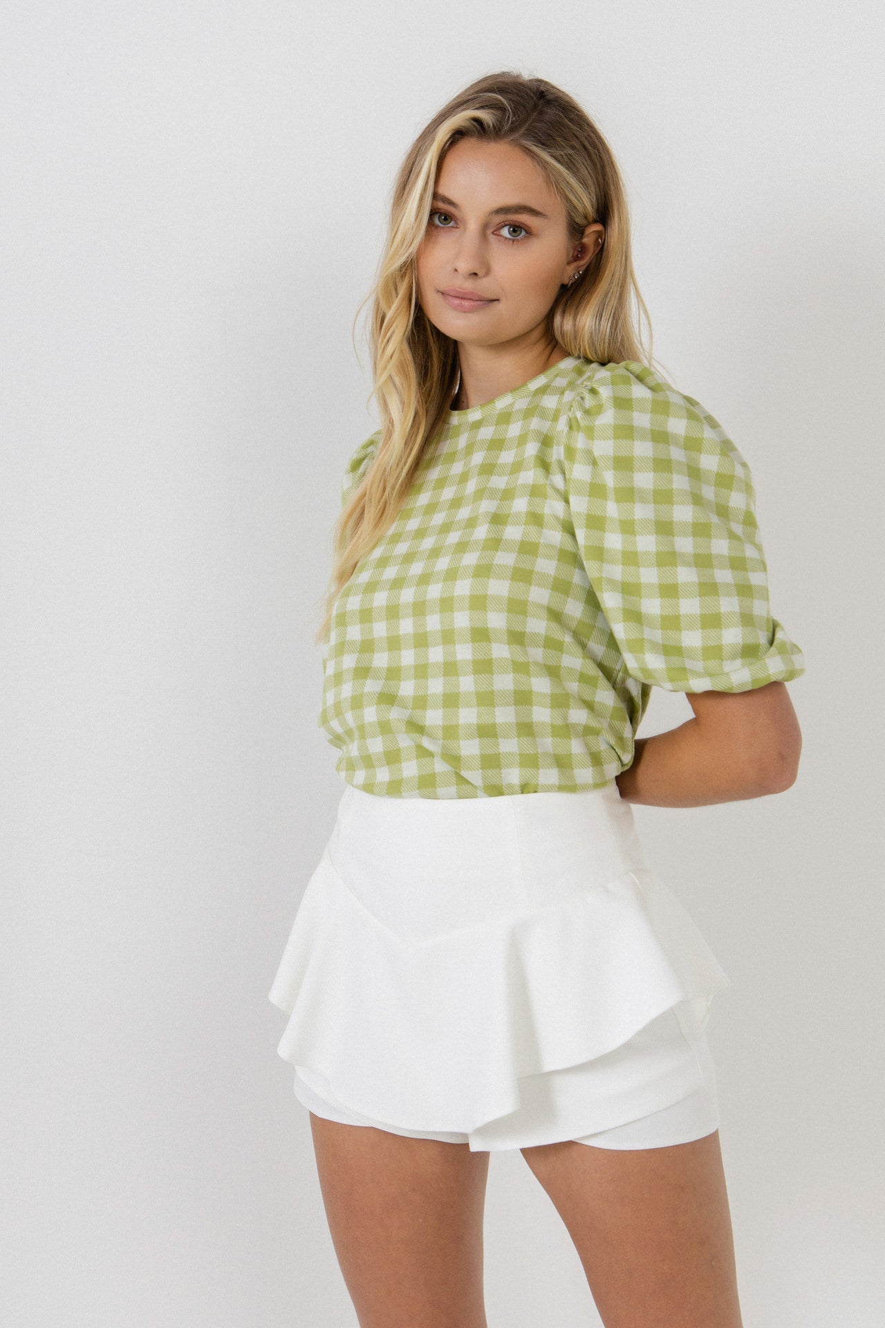 Knit Check Open Back Scrunchie Top