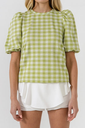 ENGLISH FACTORY - Knit Check Open Back Scrunchie Top - TOPS available at Objectrare