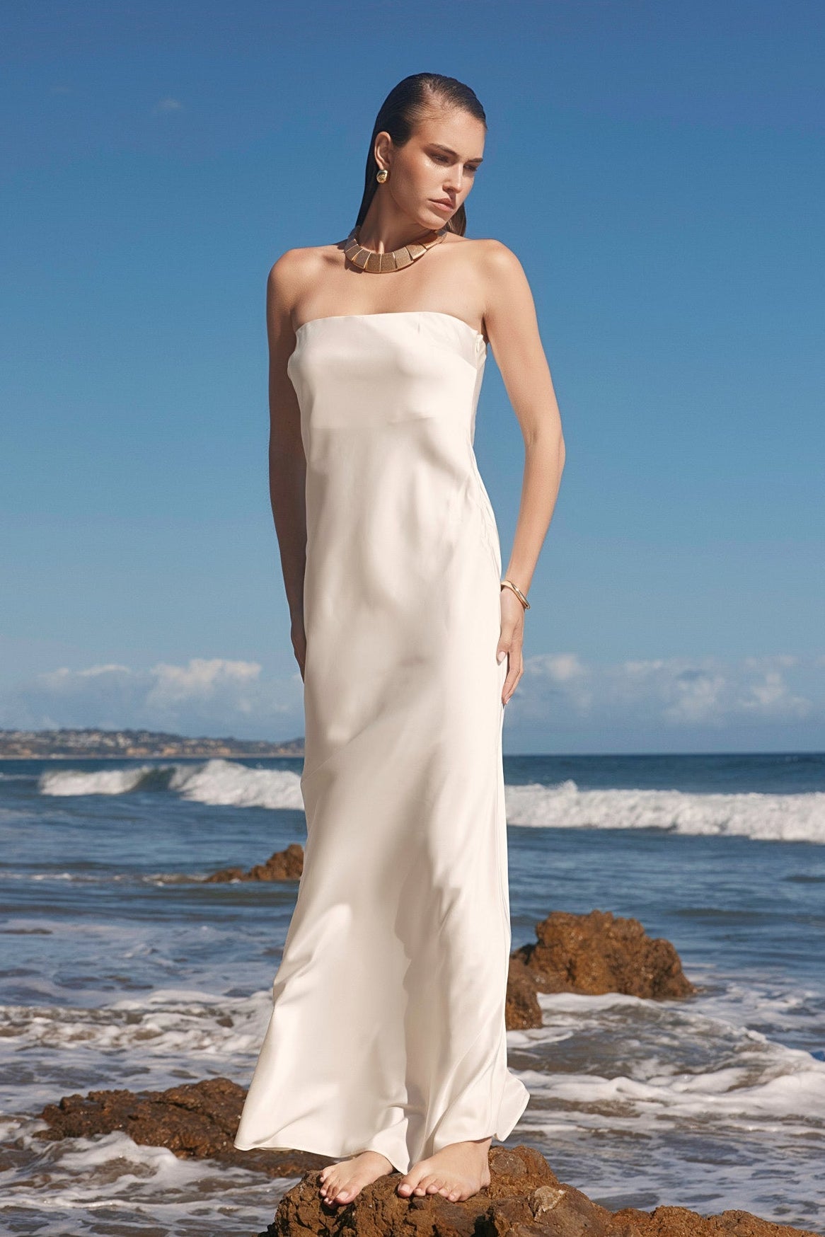 satin strapless dress Folded wedding 32/81cm Green Long Satin Strapless Split