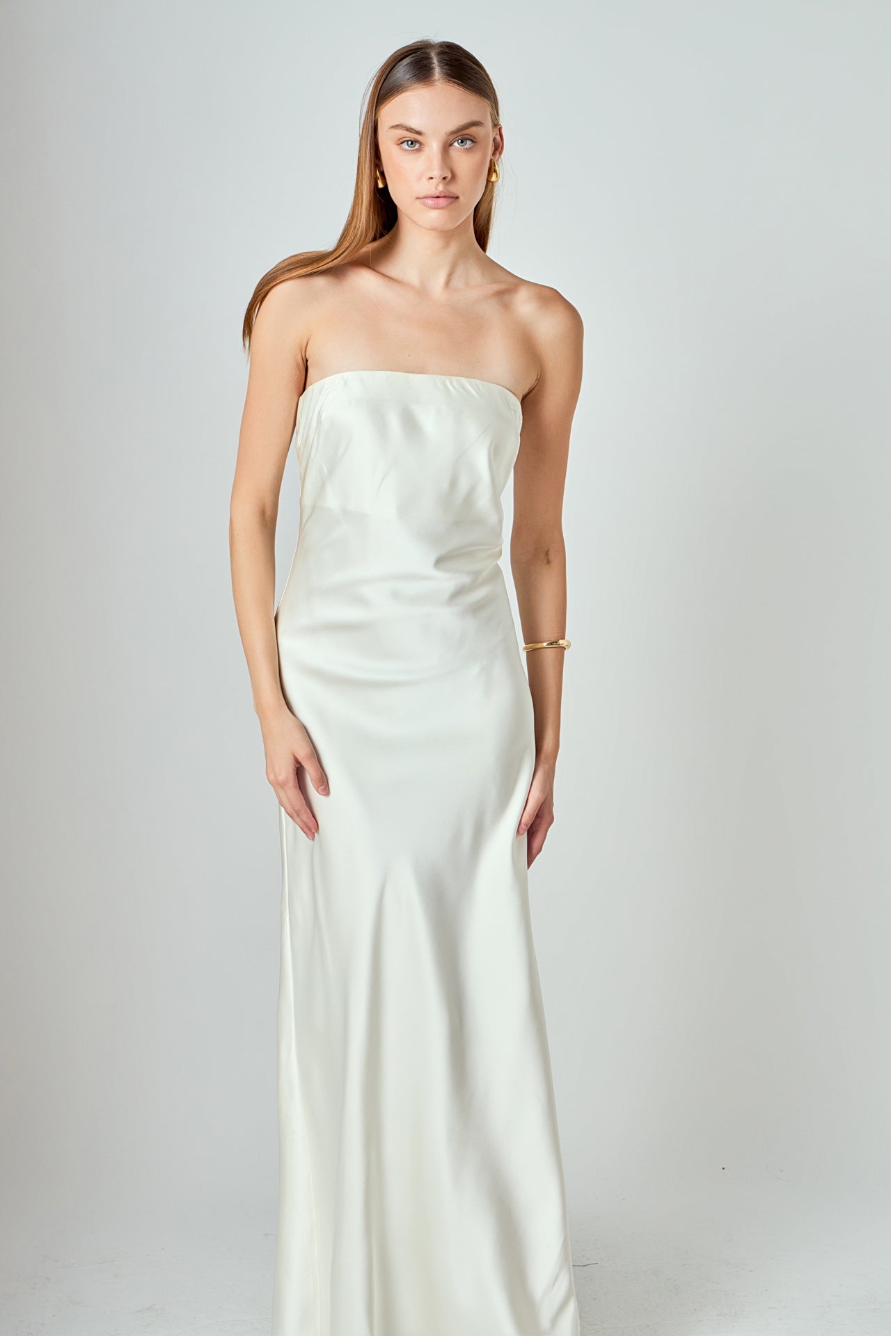 winslet white satin sheer hem strapless maxi dress Lulus Winslet White Satin Sheer Hem Strapless Maxi Dress