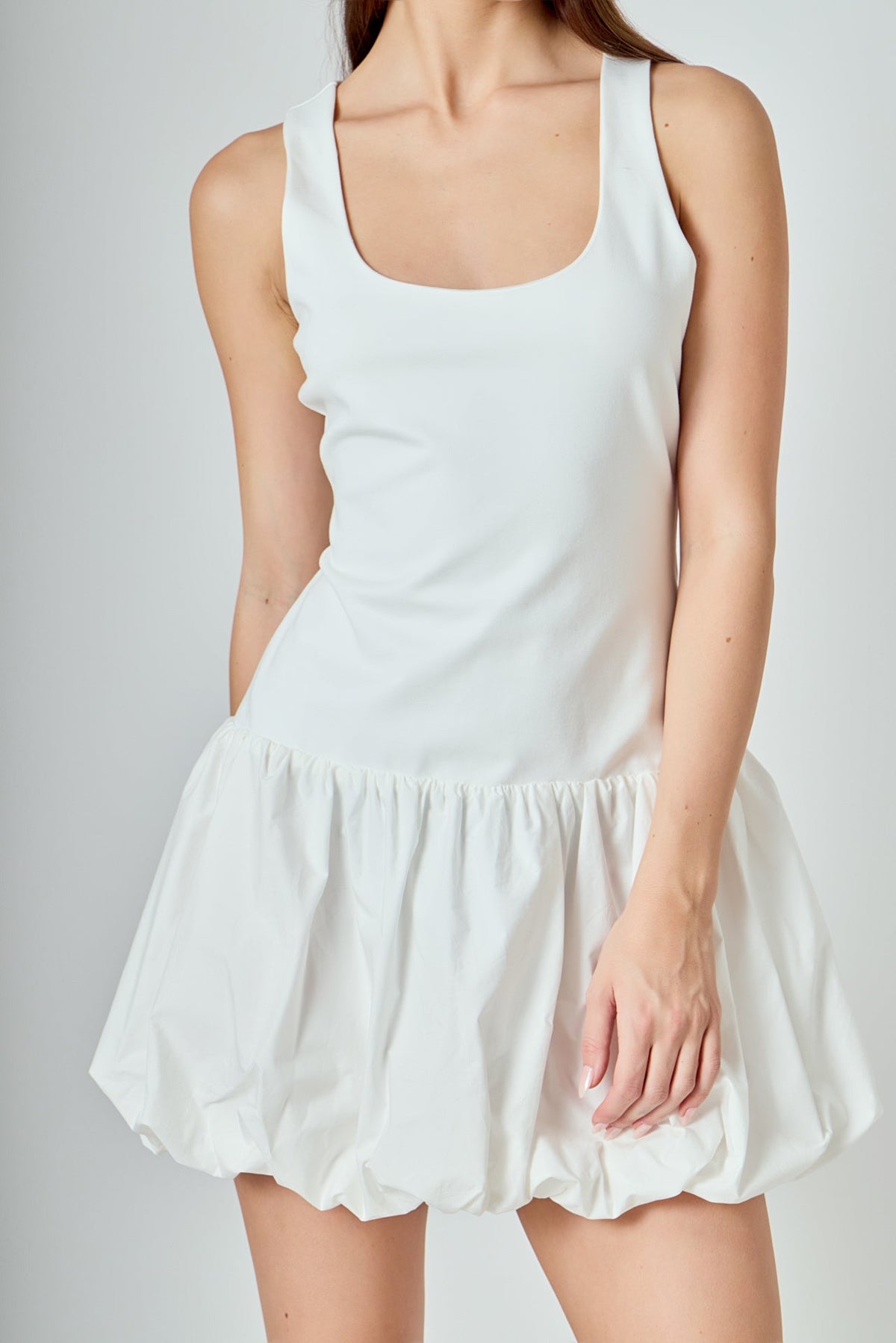 ENDLESS ROSE - Quinn Mixed Media Scoop Neck Blouson Mini Dress - DRESSES available at Objectrare
