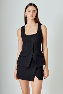 ENDLESS ROSE - Tweed Buttoned Scoop Neck Vest - TOPS available at Objectrare