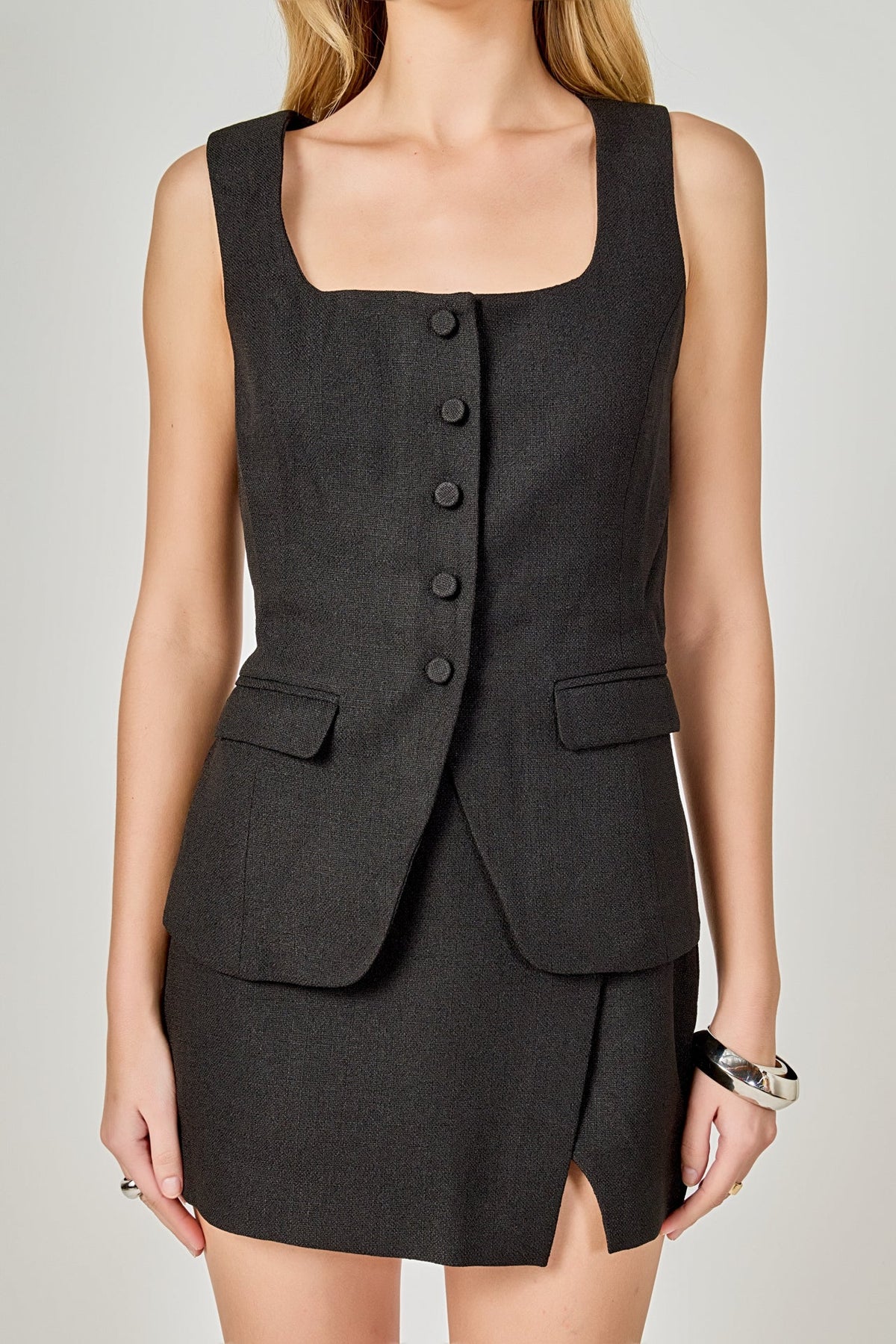 ENDLESS ROSE - Tweed Buttoned Scoop Neck Vest - TOPS available at Objectrare