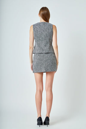 Tweed Front Slit Cutout Mini Skirt