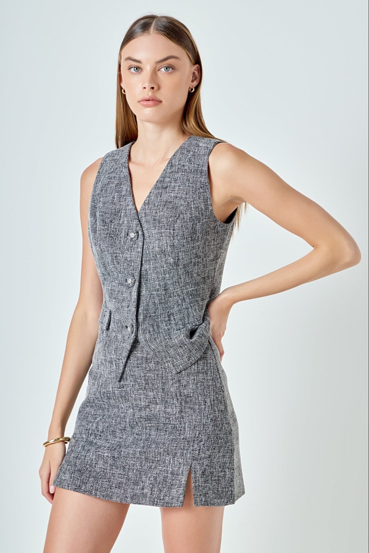 ENDLESS ROSE - Tweed Front Slit Cutout Mini Skirt - SKIRTS available at Objectrare