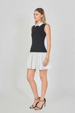 ENDLESS ROSE - Mixed Media Cotton Polo Mini Dress - DRESSES available at Objectrare