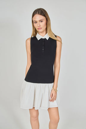 ENDLESS ROSE - Mixed Media Cotton Polo Mini Dress - DRESSES available at Objectrare
