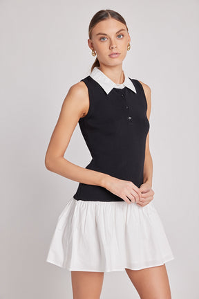 ENDLESS ROSE - Mixed Media Cotton Polo Mini Dress - DRESSES available at Objectrare