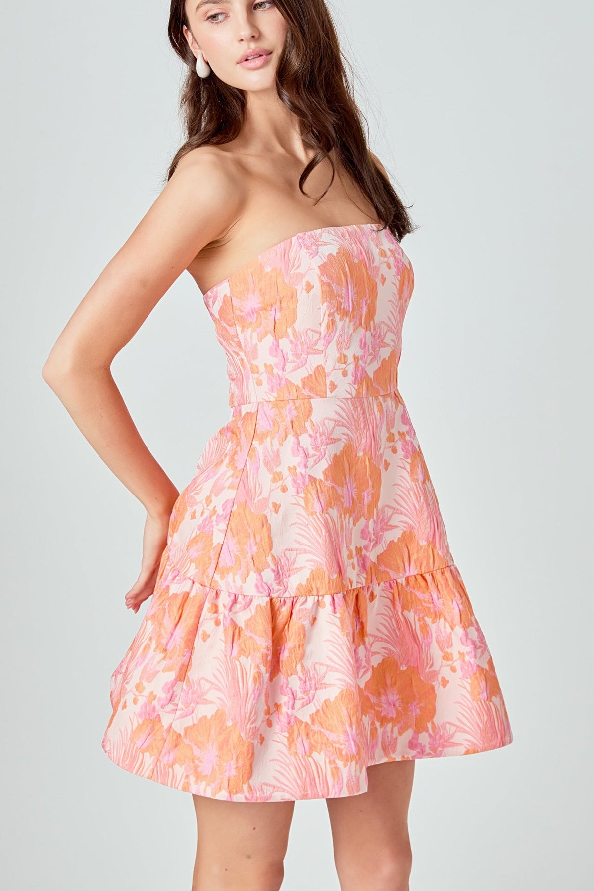 ENDLESS ROSE - Lindsey Floral Jacquard Strapless Blouson Mini Dress - DRESSES available at Objectrare