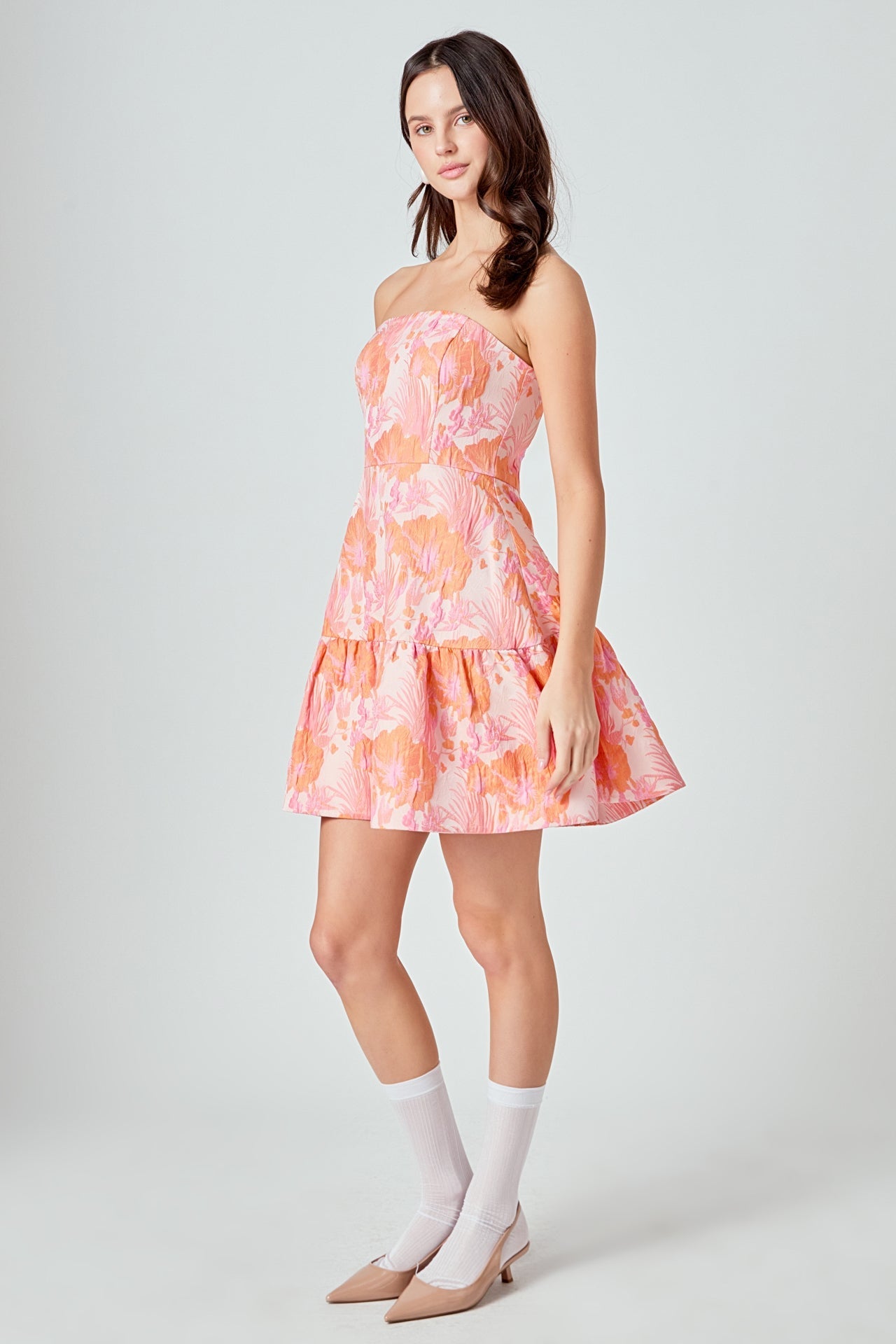 ENDLESS ROSE - Lindsey Floral Jacquard Strapless Blouson Mini Dress - DRESSES available at Objectrare