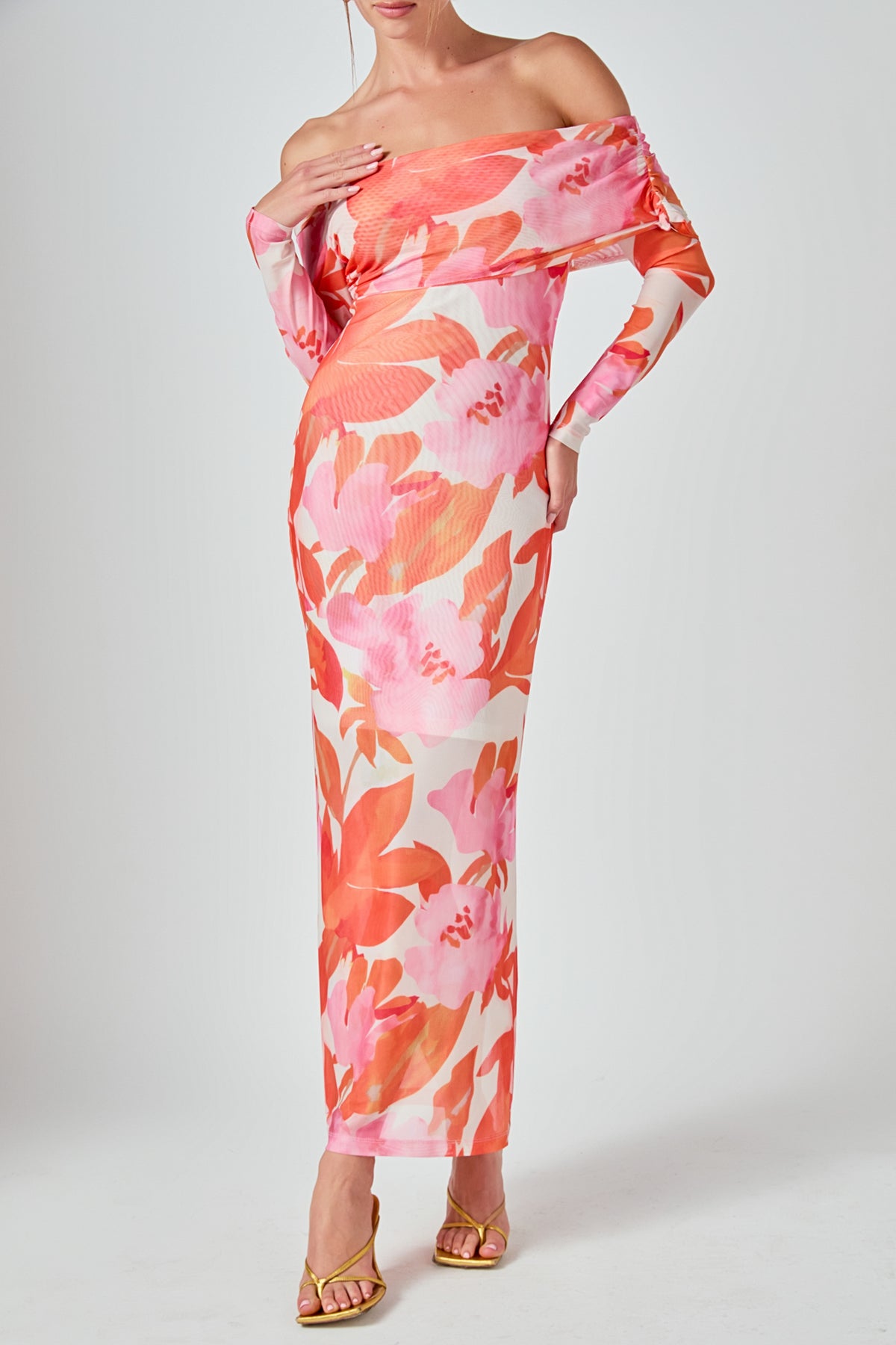 MARSY - Floral Mesh Off Shoulder Maxi Dress - DRESSES available at Objectrare