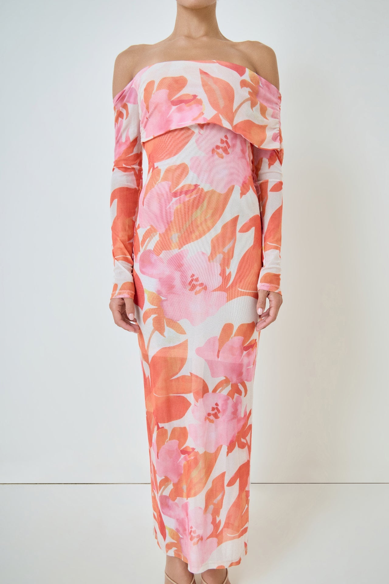 MARSY - Floral Mesh Off Shoulder Maxi Dress - DRESSES available at Objectrare