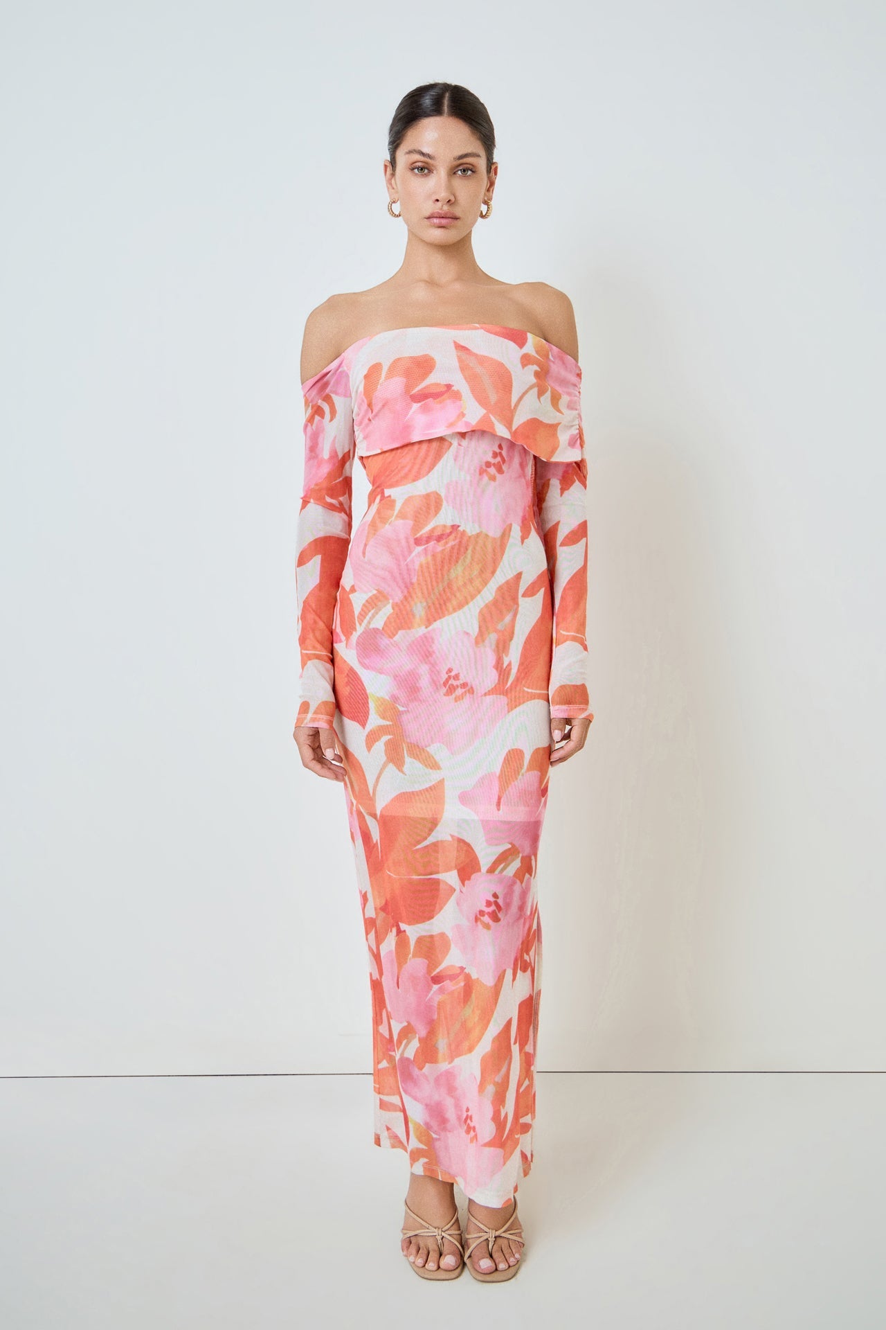 MARSY - Floral Mesh Off Shoulder Maxi Dress - DRESSES available at Objectrare