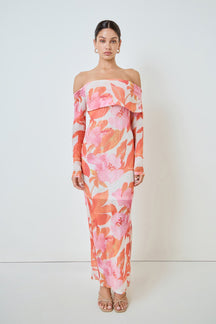 MARSY - Floral Mesh Off Shoulder Maxi Dress - DRESSES available at Objectrare