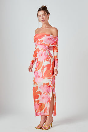 MARSY - Floral Mesh Off Shoulder Maxi Dress - DRESSES available at Objectrare