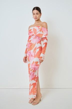 MARSY - Floral Mesh Off Shoulder Maxi Dress - DRESSES available at Objectrare