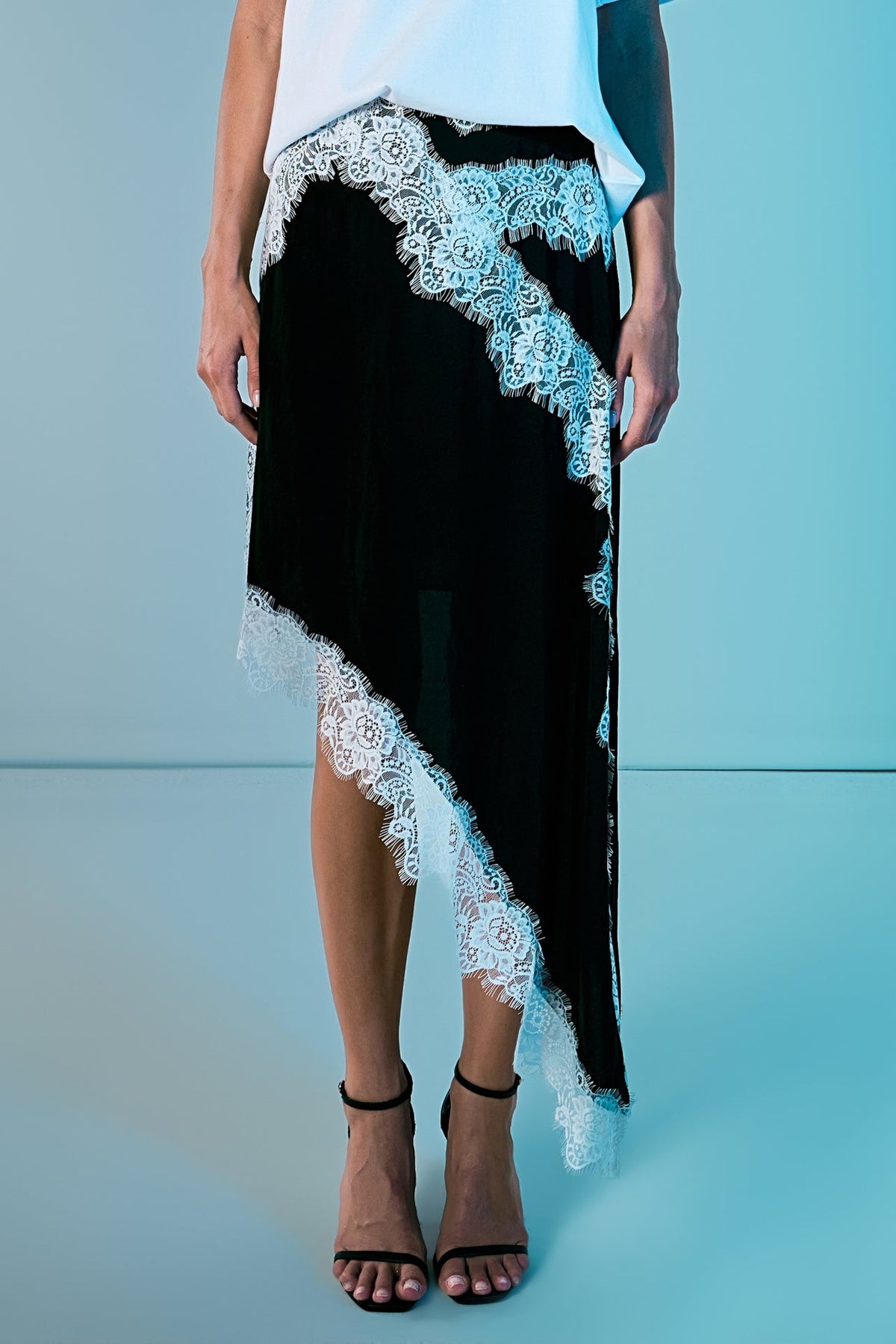 ENDLESS ROSE - Asymmetrical Lace Trim Midi Skirt - SKIRTS available at Objectrare