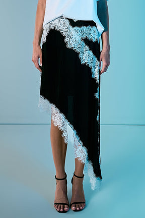 ENDLESS ROSE - Asymmetrical Lace Trim Midi Skirt - SKIRTS available at Objectrare