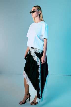 ENDLESS ROSE - Asymmetrical Lace Trim Midi Skirt - SKIRTS available at Objectrare