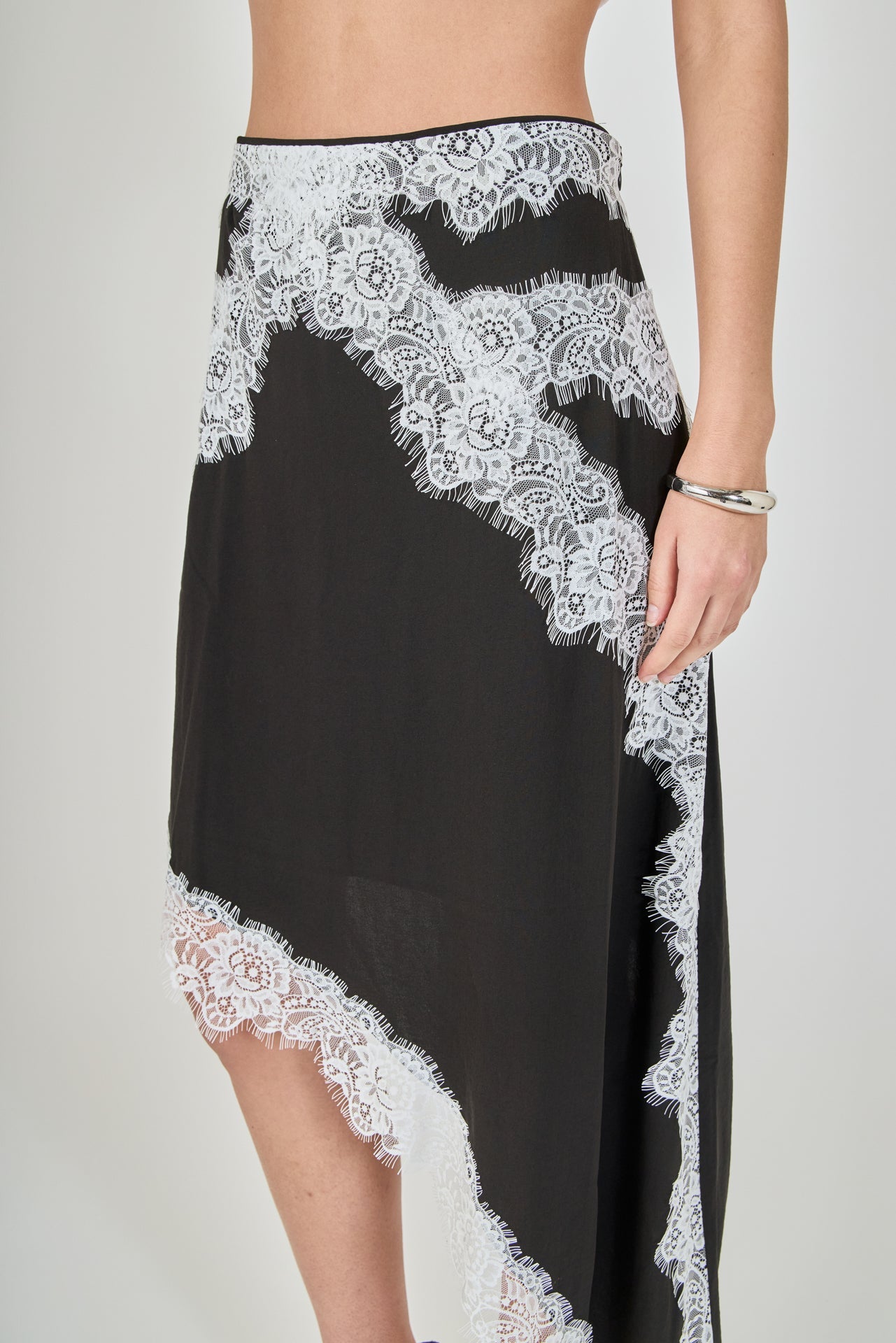 ENDLESS ROSE - Asymmetrical Lace Trim Midi Skirt - SKIRTS available at Objectrare