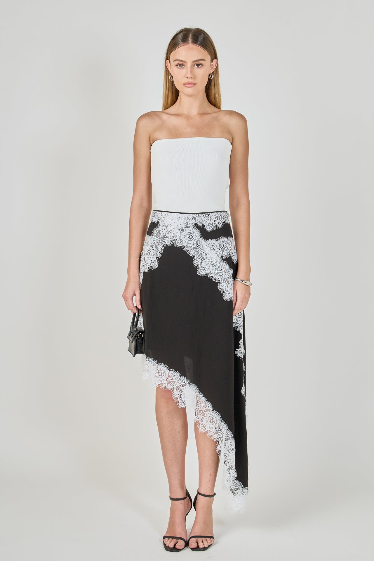 ENDLESS ROSE - Asymmetrical Lace Trim Midi Skirt - SKIRTS available at Objectrare
