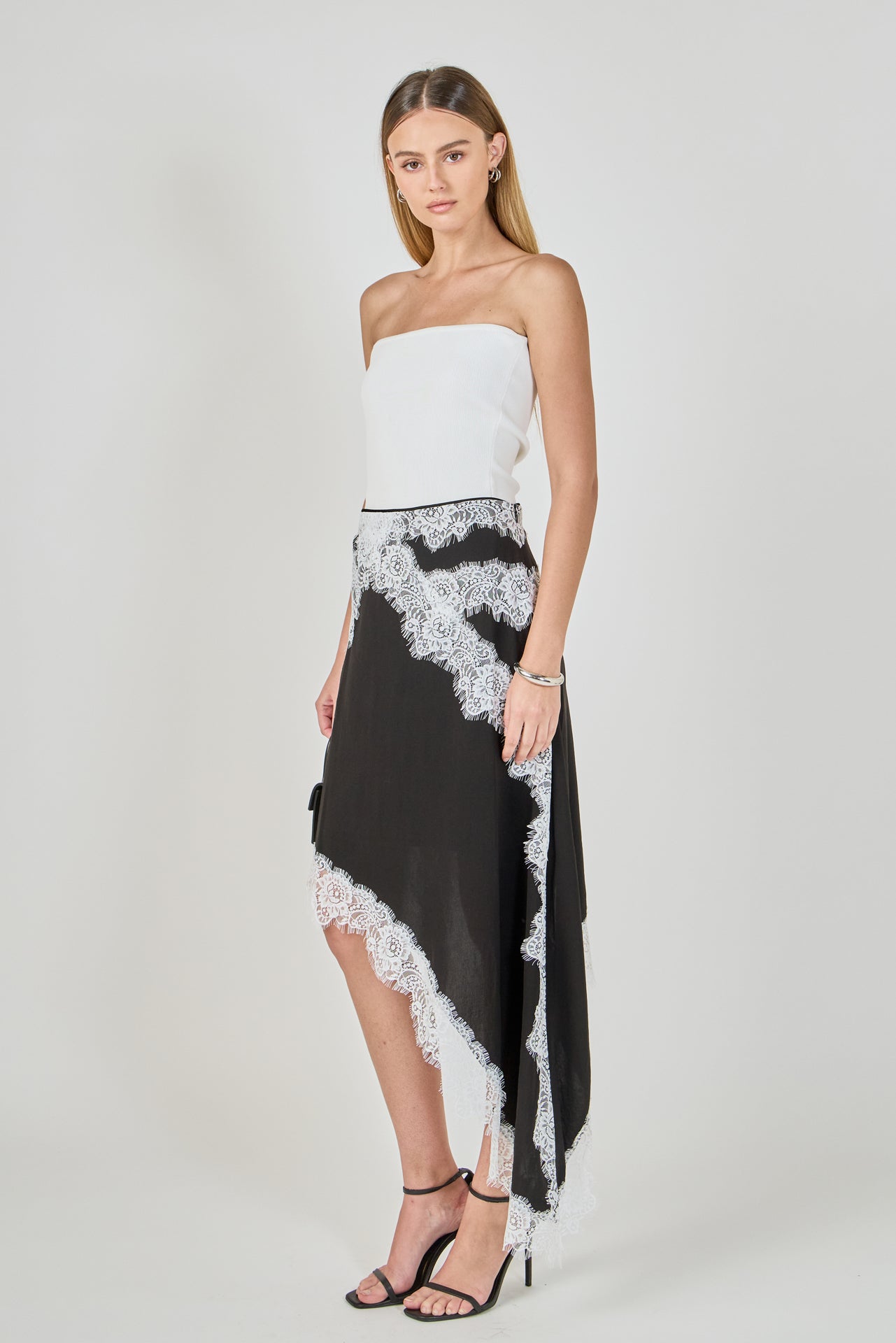 ENDLESS ROSE - Asymmetrical Lace Trim Midi Skirt - SKIRTS available at Objectrare