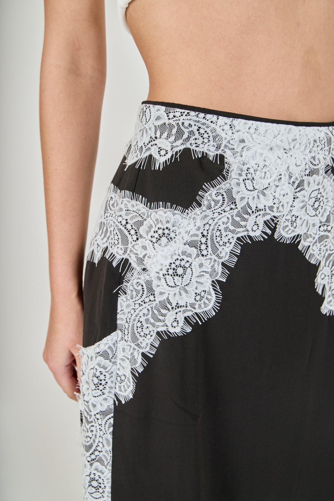 ENDLESS ROSE - Asymmetrical Lace Trim Midi Skirt - SKIRTS available at Objectrare