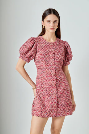 ENDLESS ROSE - Tweed Puffed Sleeve Mini Dress - DRESSES available at Objectrare
