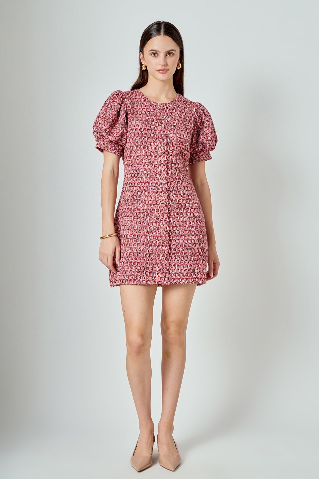 ENDLESS ROSE - Tweed Puffed Sleeve Mini Dress - DRESSES available at Objectrare