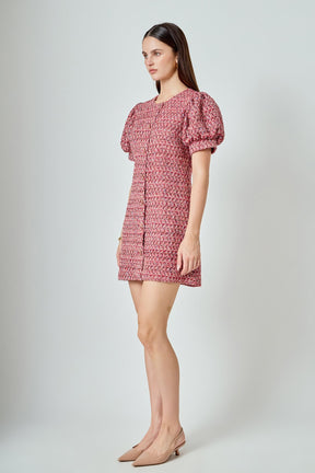 ENDLESS ROSE - Tweed Puffed Sleeve Mini Dress - DRESSES available at Objectrare