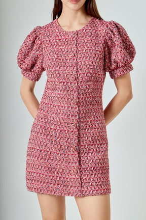 ENDLESS ROSE - Tweed Puffed Sleeve Mini Dress - DRESSES available at Objectrare