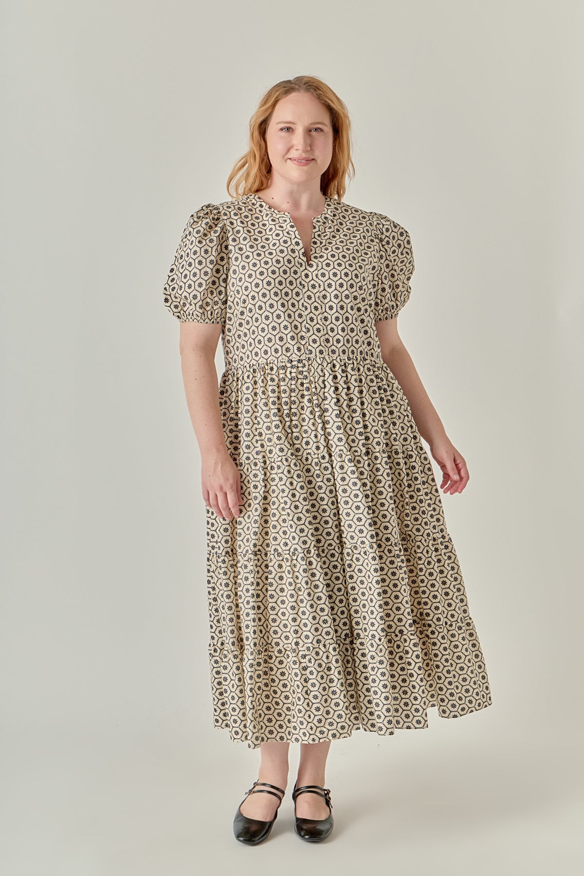 Plus Size Print Puff Sleeve Midi Dress