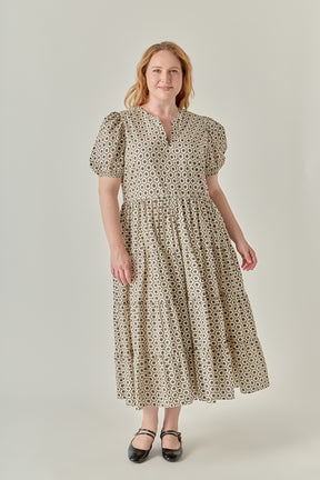 Plus Size Print Puff Sleeve Midi Dress