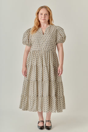 Plus Size Print Puff Sleeve Midi Dress