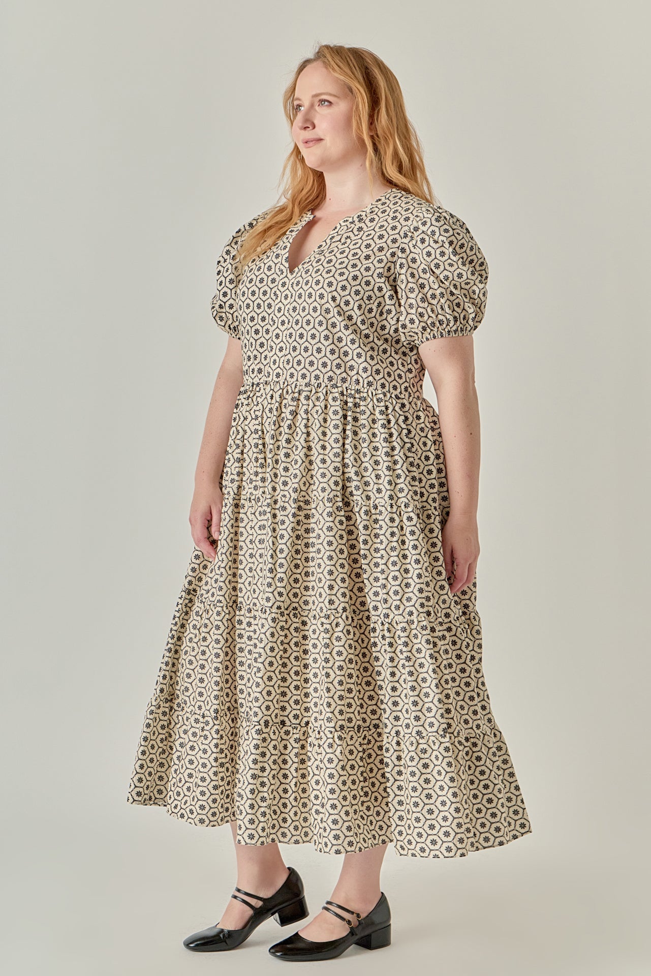 Plus Size Print Puff Sleeve Midi Dress BEIGE/BLACK / 3X Plus Size Print Puff Sleeve Midi Dress BEIGE/BLACK / 3X